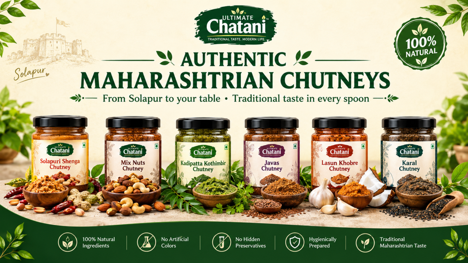 Ultimate Chatani authentic Maharashtrian chutneys including Solapuri Shenga, Mix Nuts, Kadipatta Kothimbir, Javas, Lasun Khobre and Karal chutney